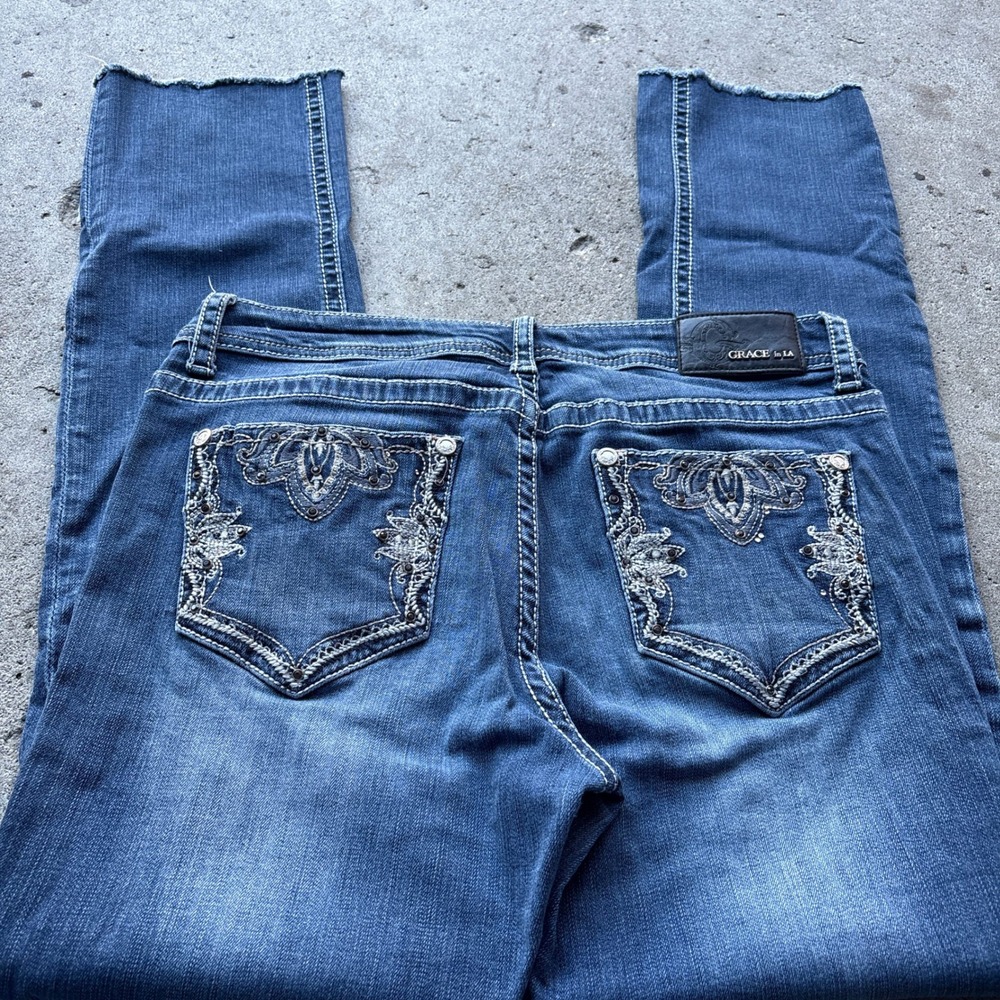 Grace in LA Easy Fit Bootcut Jeans Size 29 Blue Embellished Raw Hem Y2K Style